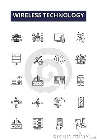 Wireless technology line vector icons and signs. Technology, Radio, GSM, Wi-Fi, Bluetooth, Satellite, Microwave,Infrared Vector Illustration