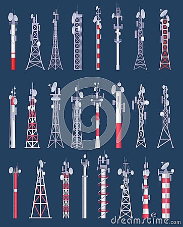 Wireless tower. Cellular wifi radio and tv cell communication towers with antena vector collection Vector Illustration