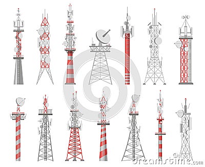 Wireless towers. Telecommunication network tower. Mobile and radio airwave connection systems. Communication satellite Vector Illustration