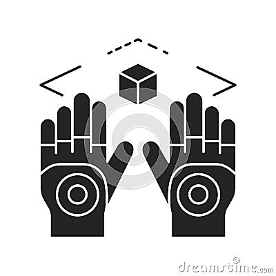 Wireless virtual reality gloves black glyph icon. Virtual reality experience. Innovative digital device. Pictogram for web page, Stock Photo