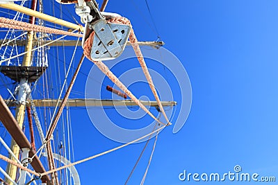 Wires, rope detail, rigging of boat Stock Photo