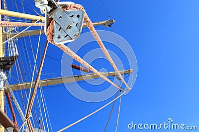 Wires, rope detail, rigging of boat Stock Photo
