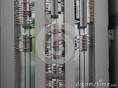 Wiring in the gray control cabinet Stock Photo