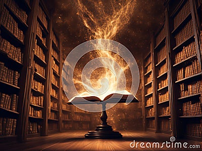 wirling, luminous particles, emerging from a book, serve as a visual metaphor for the imaginative dimension of learning Stock Photo