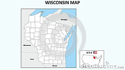Wisconsin Map. Political map of Wisconsin with boundaries in Outline Vector Illustration