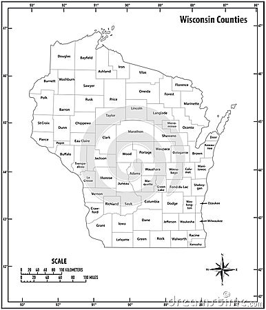 Wisconsin state outline administrative and political vector map in black and white Vector Illustration