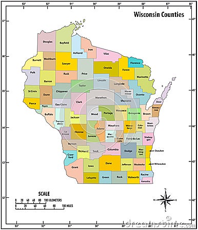 Wisconsin state outline administrative and political vector map in color Vector Illustration
