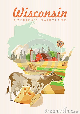 Wisconsin vector illustration with map. Americas dairy country. Travel postcard. Vector Illustration