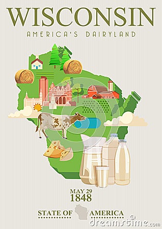 Wisconsin vector illustration with state map. Americas dairy country. Travel postcard. Vector Illustration