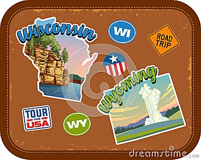 Wisconsin, Wyoming travel stickers with scenic attractions Vector Illustration