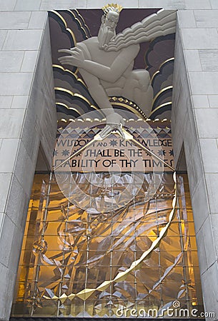 Wisdom, an art deco frieze by Lee Lawrie over the entrance of GE Building at Rockefeller plaza Editorial Stock Photo