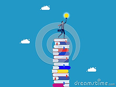 Wisdom for creative thinkers. Businessman on a high stack of books with a light bulb Vector Illustration