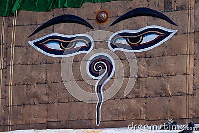 Wisdom eyes of Buddha at Swayambhunath, Kathmandu, Nepal Stock Photo