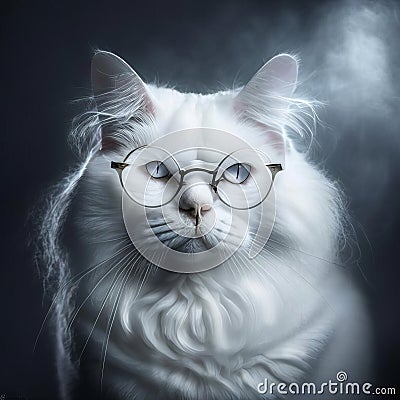 Wise animal with glasses. Portrait of a cat with glasses on a dark background Stock Photo