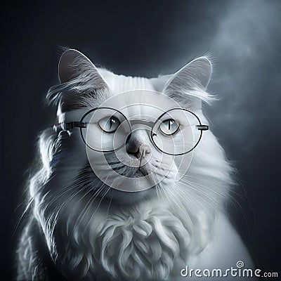 Wise animal with glasses. Portrait of a cat with glasses on a dark background Stock Photo