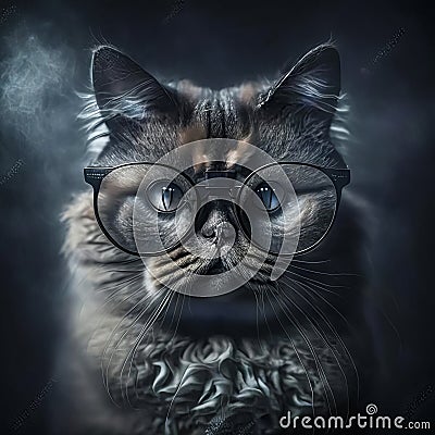 Wise animal with glasses. Portrait of a cat with glasses on a dark background Stock Photo