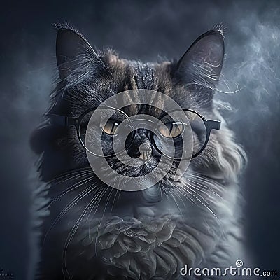 Wise animal with glasses. Portrait of a cat with glasses on a dark background Stock Photo