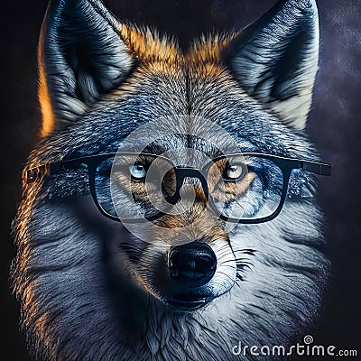 Wise animal with glasses. Portrait of a wolf in glasses on a dark background Stock Photo