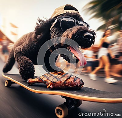 wise black terrier thieve wear cap sunglass escape on skateboard street market stolen grilled steak Stock Photo