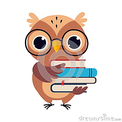 Wise Brown Owl, Cute Bird Teacher Cartoon Character with Stack of Books Vector Illustration Vector Illustration