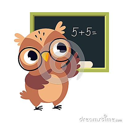 Wise Brown Owl, Cute Bird Teacher Cartoon Character Teaching Math at School Vector Illustration Vector Illustration