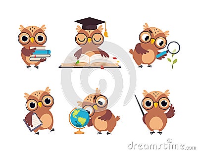 Wise Brown Owl in Glasses and Graduation Hat Vector Set Vector Illustration
