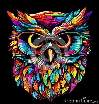 Wise and cute owl in glasses isolated on black background Vector Illustration