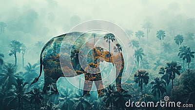 Wise Elephant Silhouette in Lush Tropical Rainforest Double Exposure Stock Photo