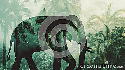 Wise Elephant Silhouette in Lush Tropical Rainforest Double Exposure Stock Photo
