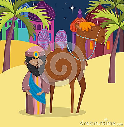 Wise king and camel desert manger nativity, merry christmas Vector Illustration