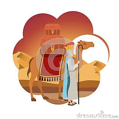 Wise king in camel manger character Vector Illustration