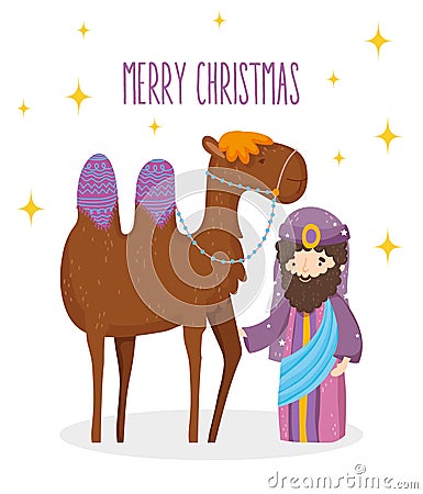 Wise king and camel manger nativity, merry christmas Vector Illustration