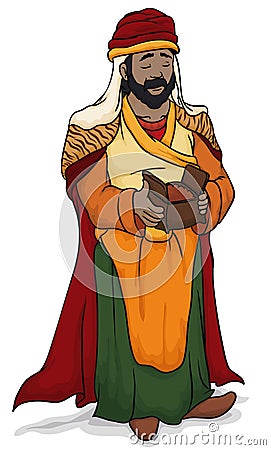 Wise Man Balthazar Holding Myrrh for Baby Jesus in Epiphany, Vector Illustration Vector Illustration