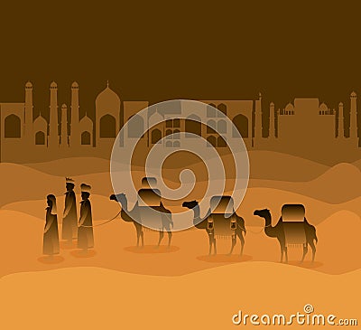 Wise men traveling in the desert christmas scene Vector Illustration