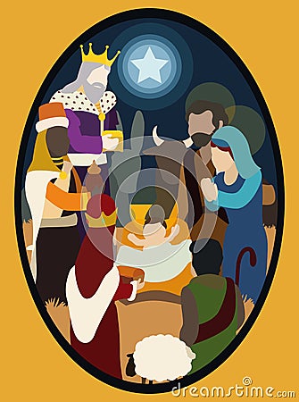 Wise Men Visiting the Holy Family with their Gifts for baby Jesus Vector Illustration