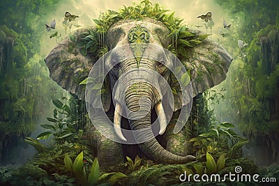 A wise old elephant, adorned with a garland of ganja leaves, peacefully roams through a lush forest, radiating a sense of profound Cartoon Illustration