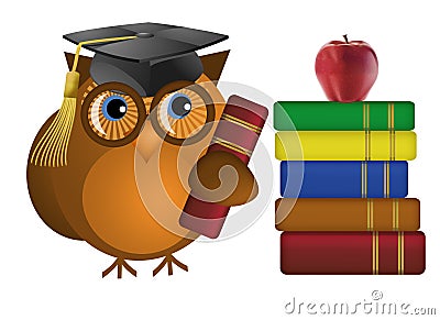 Wise Old Owl with Books Stock Photo