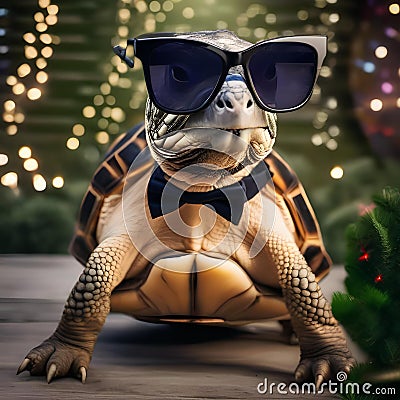 A wise old tortoise wearing glasses and a bowtie, hosting a New Years Eve storytelling session for other animals3 Stock Photo