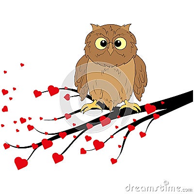 A wise owl bird sits on a tree branch with hearts. White background. Design element Stock Photo