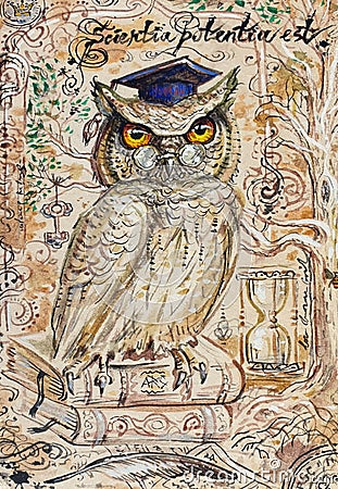 Wise Owl Bird symbolising science with Latin inscribtion Stock Photo