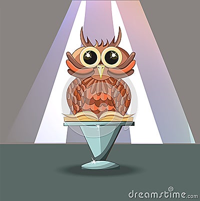 Wise owl with a book on the gray background. Magic and mystery. Vector Illustration