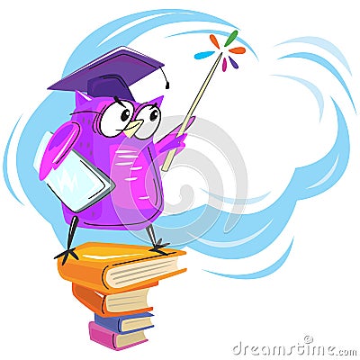 Wise owl with books and graduate hat Vector Illustration