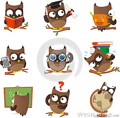 Wise owl cartoon set Cartoon Illustration