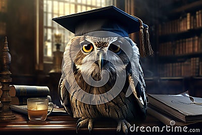 a wise owl in a graduate hat on a table with books,Wise owl against a stack of books on a table in a library among the shelves, Stock Photo