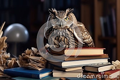 Wise owl sits on a book stack at a library.AI generated Stock Photo