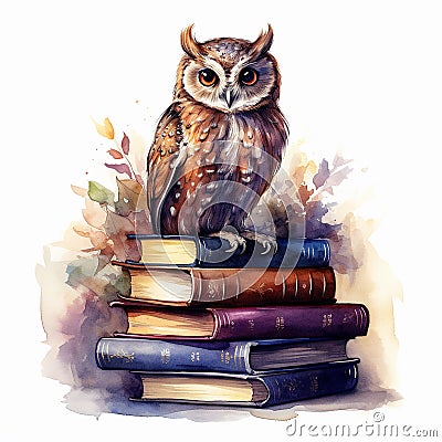 wise owl sits on a stack of books. concept Education at school, Cartoon Illustration