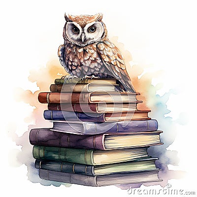 wise owl sits on a stack of books. concept Education at school, Cartoon Illustration