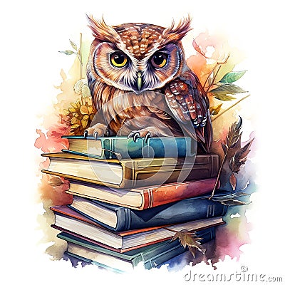 wise owl sits on a stack of books. concept Education at school, Cartoon Illustration