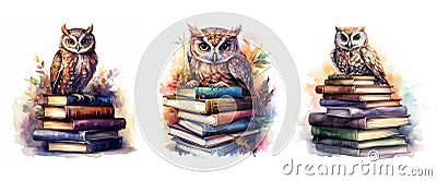 wise owl sits on a stack of books. concept Education at school, Cartoon Illustration