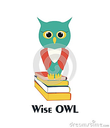Wise owl on a stack of books. Vector owl characters, learning concept. Back to school flat illustration Vector Illustration